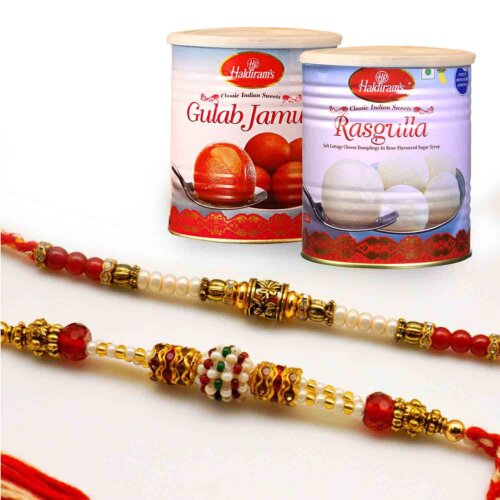 Pearly rakhi set with Gulabjamun and Rasgulla