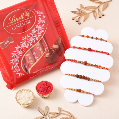 Rudraksha Mauli Rakhi Set With Lindt Milk Chocolate Bars