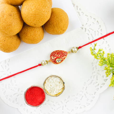 Red Stone Rakhi with Besan Ladoo