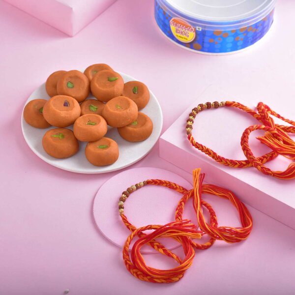 Set of 2 Rudraksha rakhi with Celebration hamper box