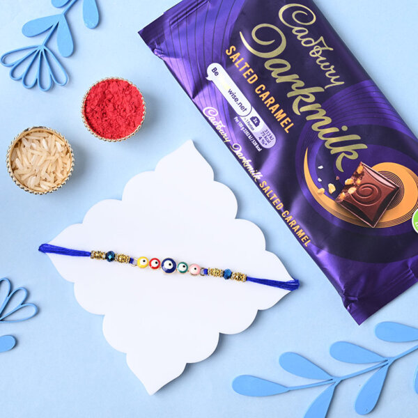 Blue Evil Eye Bead Rakhi With Cadbury Dark Milk Caramel Bar