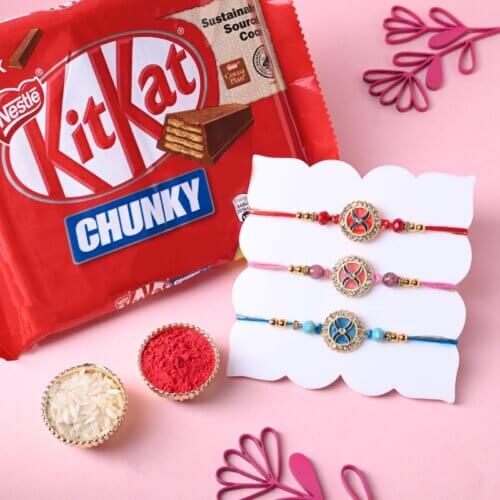 Embellished Designer Rakhi Trio With Chunky Chocolates