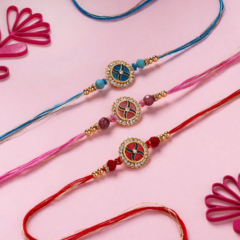 Embellished Designer Rakhi Trio With Chunky Chocolates