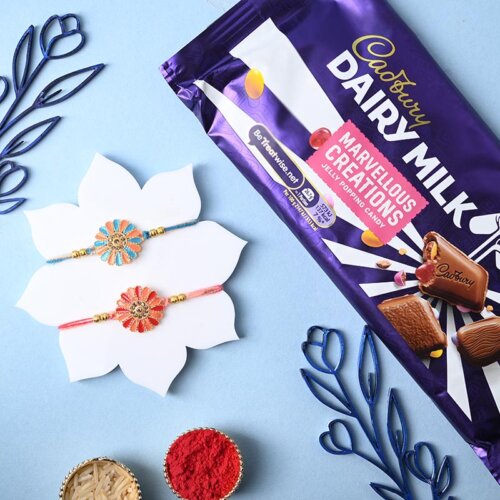 Floral Designer Rakhi Set Of Two With Cadbury Chocolate Bar