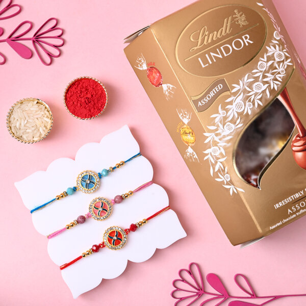 Intricate Rakhi Trio With Lindt Chocolates