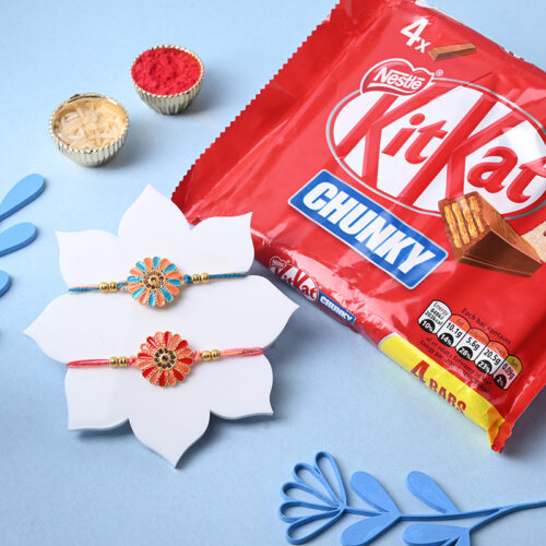 Two Floral Designer Rakhis With Nestle Kitkat Chocolate